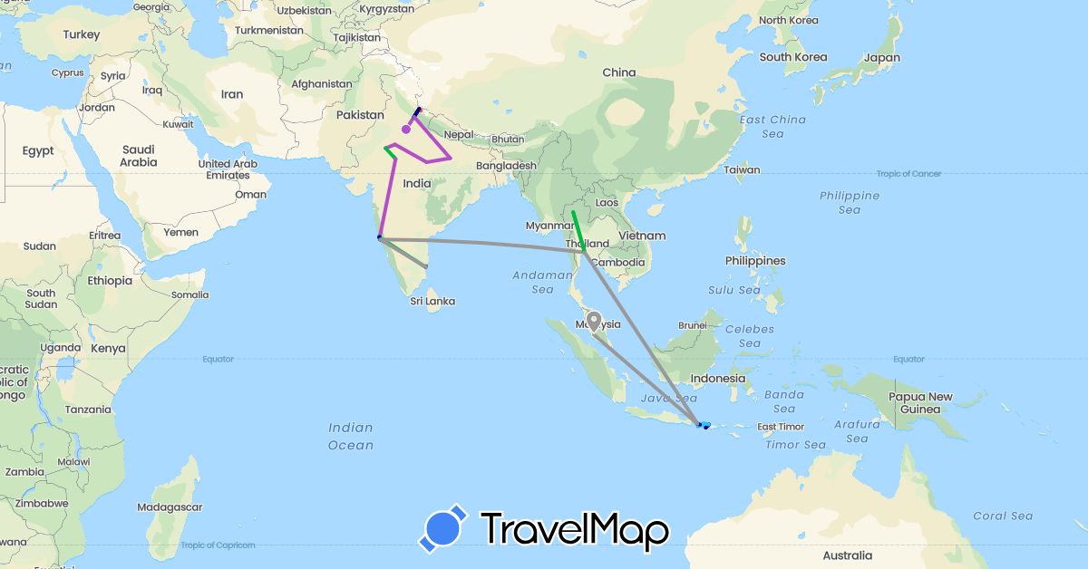 TravelMap itinerary: driving, bus, plane, train, hiking, boat, motorbike in Indonesia, India, Malaysia, Thailand (Asia)