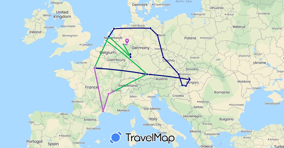 TravelMap itinerary: driving, bus, train in Switzerland, Czech Republic, Germany, France, Hungary, Netherlands, Slovakia (Europe)